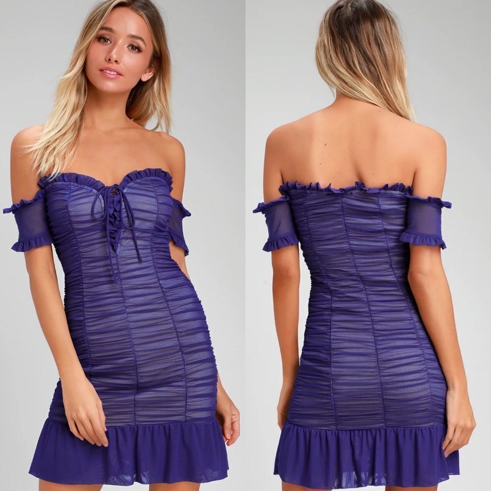 LuLus Kris Royal Blue Ruched Off-the-Shoulder Bodycon Dress Women’s medium